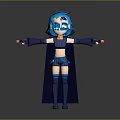 Blue Haired Game Character With Cape Skirt And Long Boots 3D Model Posing Arms Outstretched