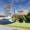 Scenic Modern Commercial Complex With Contemporary Architecture Water Feature Greenery And Open Plaza