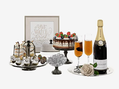 Decorative Ornament Set With Save Water Sign Cake Champagne Wine Glasses Strawberries And Rose 3d model