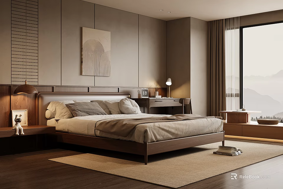 Modern Bedroom Interior With Wooden Bed Decorative Painting And Window View 3d model 