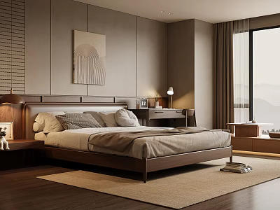 Modern Bedroom Interior With Wooden Bed Decorative Painting And Window View 3d model