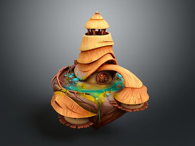 Cartoon Scene of Floating Island with Wooden Tower Leaf Structures Pond and Circular Symbol 3d model