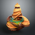 Cartoon Scene of Floating Island with Wooden Tower Leaf Structures Pond and Circular Symbol