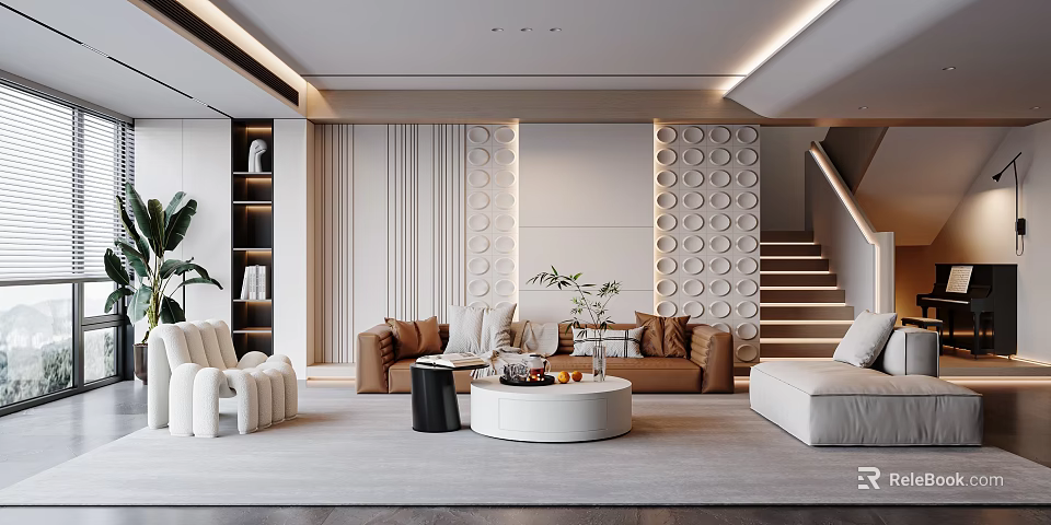 Modern Living Room With Circular Pattern Walls Brown Sofas White Armchair Coffee Tables And Staircase 3d model 