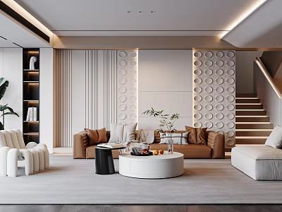 Modern Living Room With Circular Pattern Walls Brown Sofas White Armchair Coffee Tables And Staircase 3d model