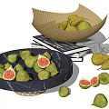 Fresh Figs and Pears Displayed in Woven Basket and Marble Bowl with Stacked Books