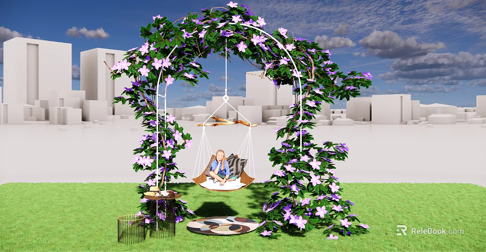 Garden Swing Playground Equipment with Green Ivy Purple Flowers in City Grass for Child Fun 3d model 