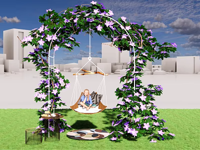 Garden Swing Playground Equipment with Green Ivy Purple Flowers in City Grass for Child Fun 3d model