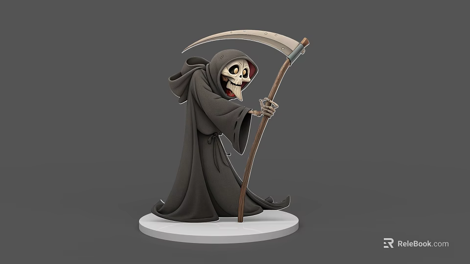 Grim Reaper Game Character With Skeleton Head Black Cloak Holding Scythe On White Base 3d model 