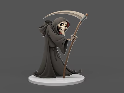 Grim Reaper Game Character With Skeleton Head Black Cloak Holding Scythe On White Base 3d model