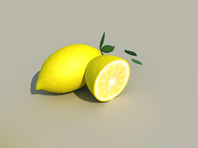 Fresh Juicy Lemons With Whole Fruit Sliced Half And Green Leaves 3d model