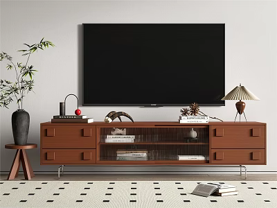 Brown Wooden TV Stand with Drawers Shelves and Decorative Items Like Vase Lamp Books 3d model
