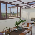 Luxury Villa Balcony Featuring Large Windows Scenic Landscape Wooden Table And Potted Plants