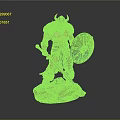 Muscular Viking Warrior Man Wearing Horned Helmet Holding Sword And Shield Standing On Rock Base