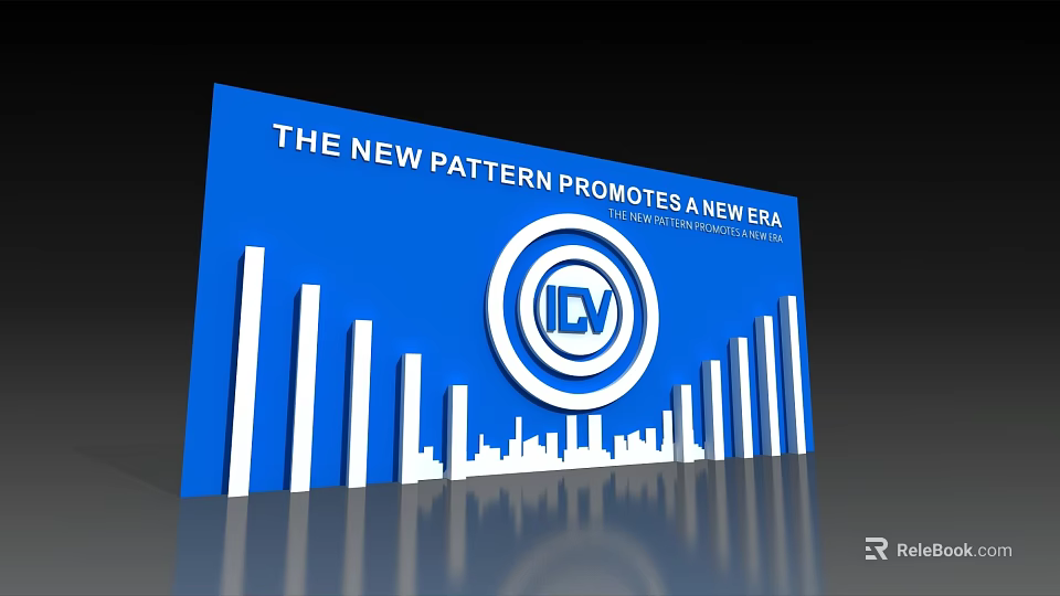 Blue Background Wall With White Text ICV Circular Logo And City Skyline Striped Patterns 3d model 