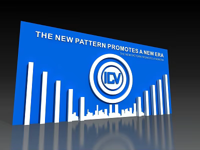 Blue Background Wall With White Text ICV Circular Logo And City Skyline Striped Patterns 3d model