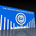 Blue Background Wall With White Text ICV Circular Logo And City Skyline Striped Patterns