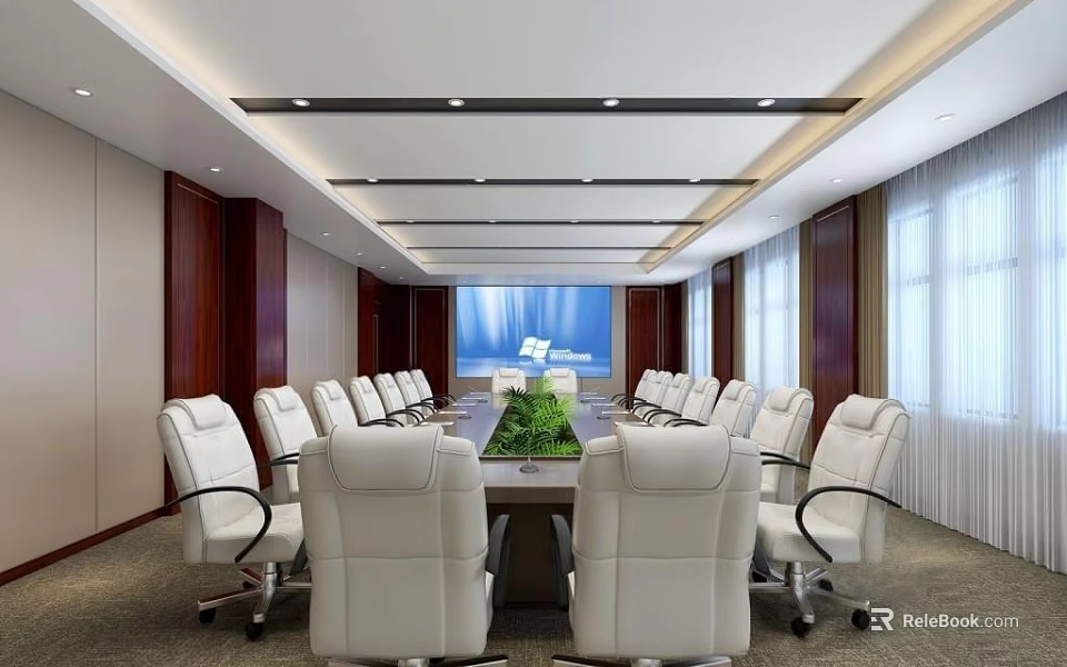 Modern Meeting Room Interior With Long Conference Table White Chairs And Large Screen 3d model 