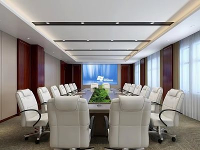 Modern Meeting Room Interior With Long Conference Table White Chairs And Large Screen 3d model
