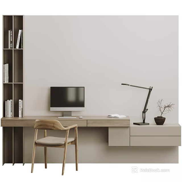 Modern Home Office Desk and Chair Set with Bookshelf Computer Desk Lamp and Potted Plant 3d model 