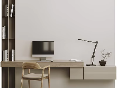 Modern Home Office Desk and Chair Set with Bookshelf Computer Desk Lamp and Potted Plant 3d model