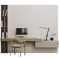 Modern Home Office Desk and Chair Set with Bookshelf Computer Desk Lamp and Potted Plant