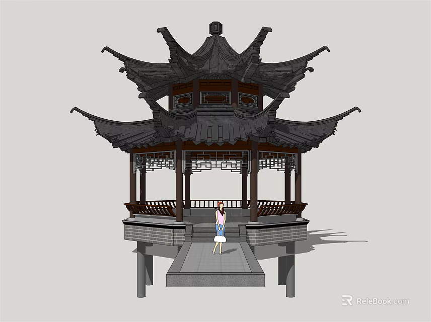 Chinese Traditional Pavilion With Multi Tiered Roof And Overhanging Eaves On Stone Platform 3d model 