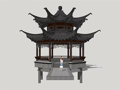 Chinese Traditional Pavilion With Multi Tiered Roof And Overhanging Eaves On Stone Platform 3d model