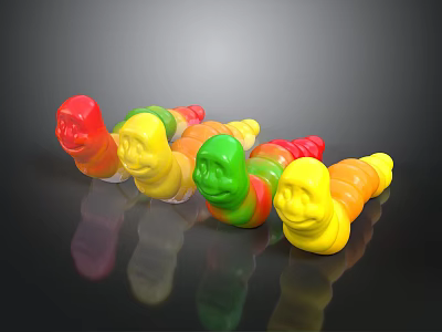 Colorful Gummy Worms With Red Yellow Green Smiley Face Shapes On Black Surface 3d model