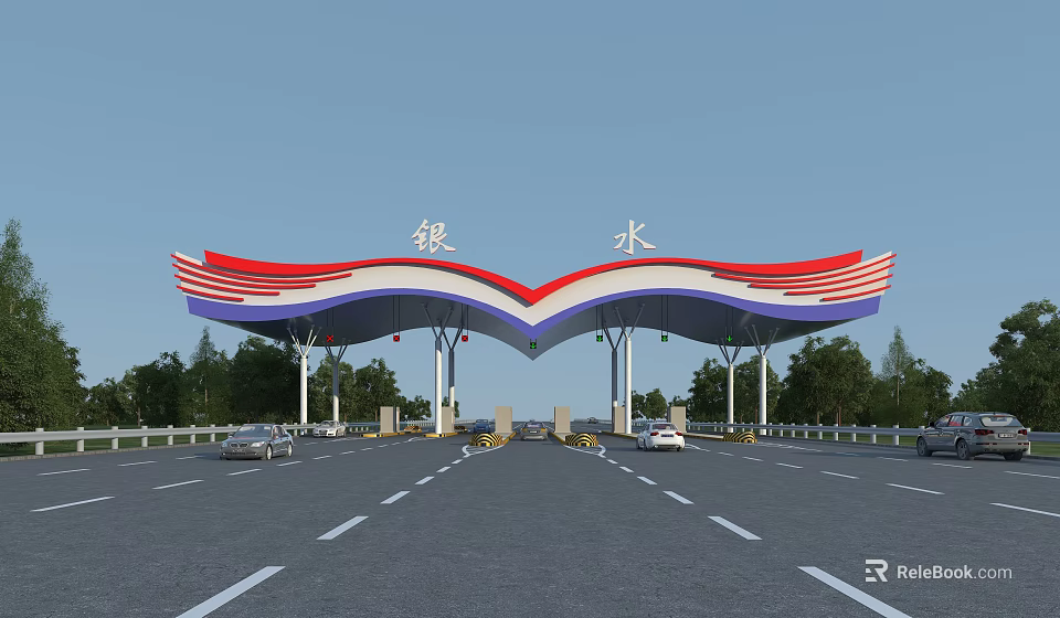 Yinshui Toll Station Featuring Unique Red White Blue Roof With Vehicles Passing Under Sky 3d model 