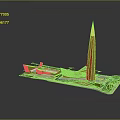 Cartoon Scene With Tall Tower Low Rise Buildings Green Areas And Roads