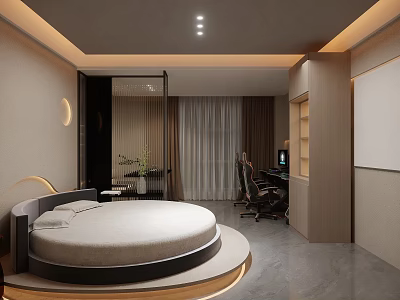 Modern Hotel Guest Room With Round Bed Workstation Curtains And Lighting Design 3d model