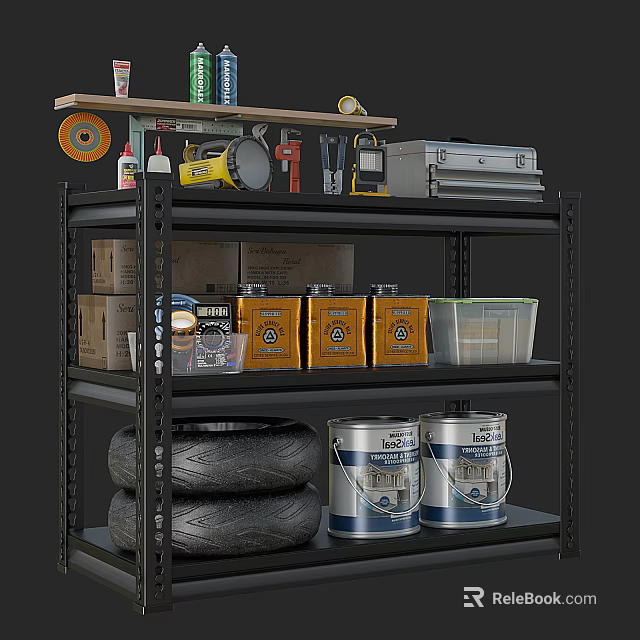Black Metal Shelving Unit With Tools Yellow Boxes Tires And Paint Cans 3d model 