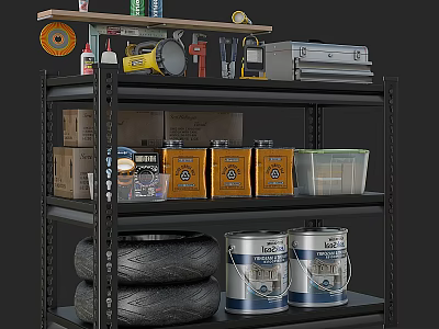 Black Metal Shelving Unit With Tools Yellow Boxes Tires And Paint Cans 3d model