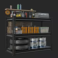 Black Metal Shelving Unit With Tools Yellow Boxes Tires And Paint Cans