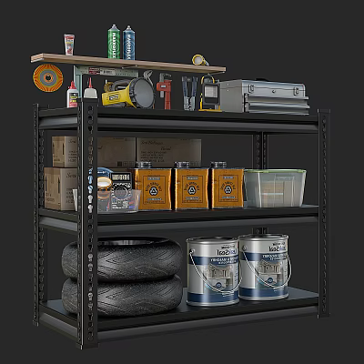Black Metal Shelving Unit With Tools Yellow Boxes Tires And Paint Cans 3d model