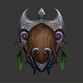Ornate Wooden Shield With Eye Design Purple Gems And Green Feathers