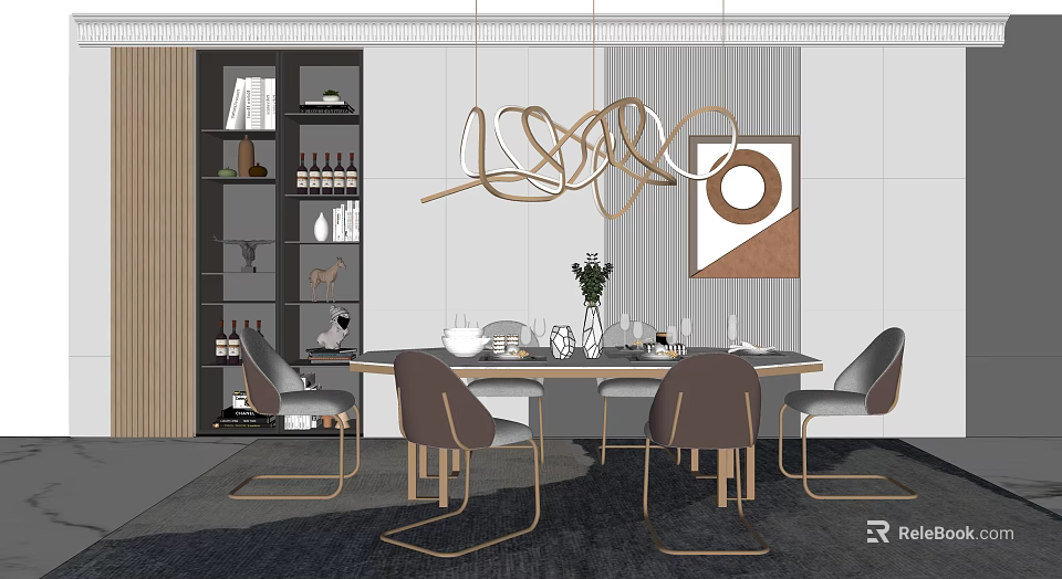 Modern Dining Table Set With Chairs Pendant Light And Wine Cabinet 3d model