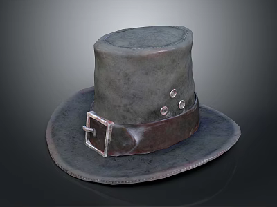 Vintage Wide Brim Hat With Leather Belt And Metal Buttons 3d model