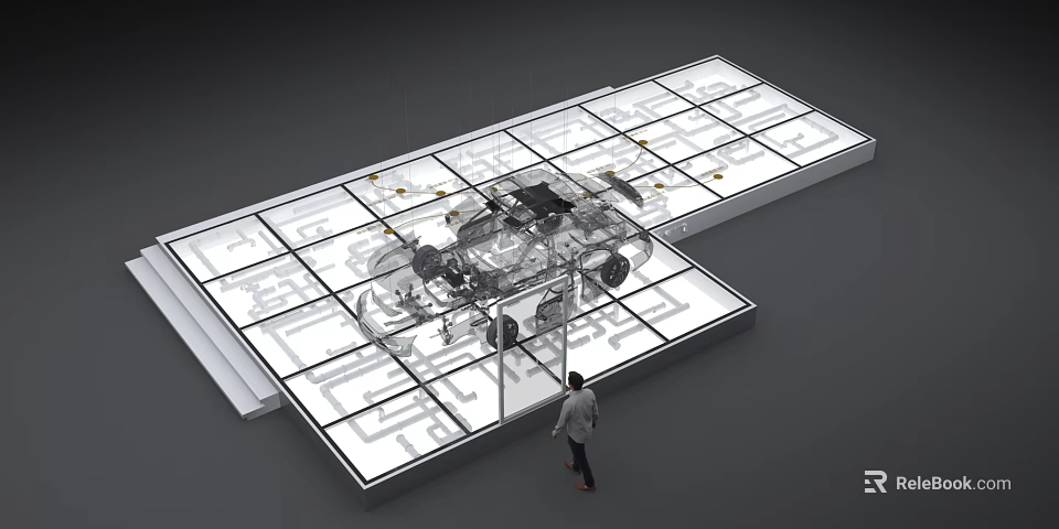 Commercial Equipment Transparent Display Platform For Car Structure Model With Grid Lines And Operator 3d model 