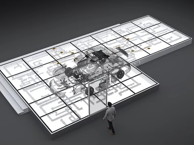 Commercial Equipment Transparent Display Platform For Car Structure Model With Grid Lines And Operator 3d model