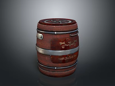 Wooden Decorative Barrel With Metal Bands And Carved Patterns For Home Storage 3d model