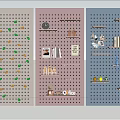 Colorful Perforated Panel Wall Decor With Shelves Clock Plants And Office Supplies