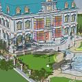 Detached Villa Featuring Blue Roof Colorful Windows And Symmetrical Design Surrounded By Trees