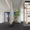 Modern Interior Space With Wine Rack Table Red Chair Green Plants And Stones