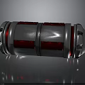 Shiny Metallic Cylindrical Tech Component With Red Panels And Silver Rings