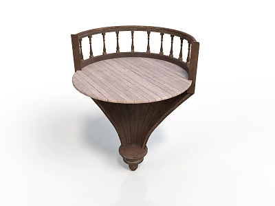 Round Wooden Table With Curved Railing Design And Tapered Pedestal Base 3d model