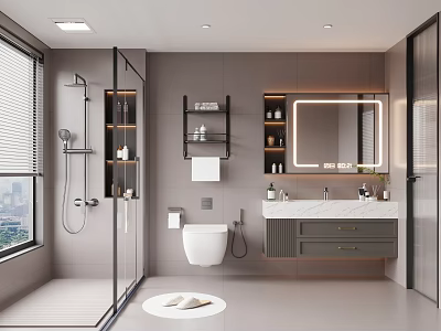 Modern Bathroom Design With Glass Shower Wall Mounted Toilet Vanity Illuminated Mirror And Shelves 3d model