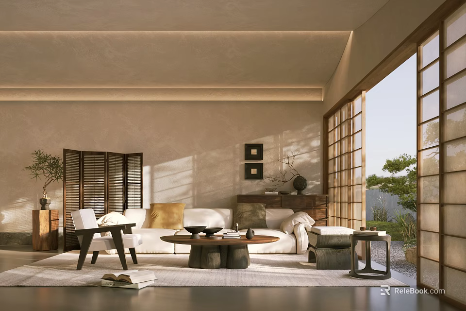 Japanese Modern Living Room Interior Design With Wooden Sliding Doors Minimalist Sofa And Natural Light 3d model 
