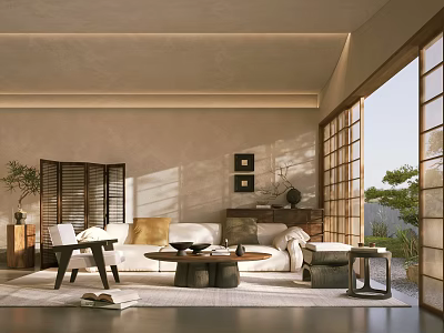 Japanese Modern Living Room Interior Design With Wooden Sliding Doors Minimalist Sofa And Natural Light 3d model